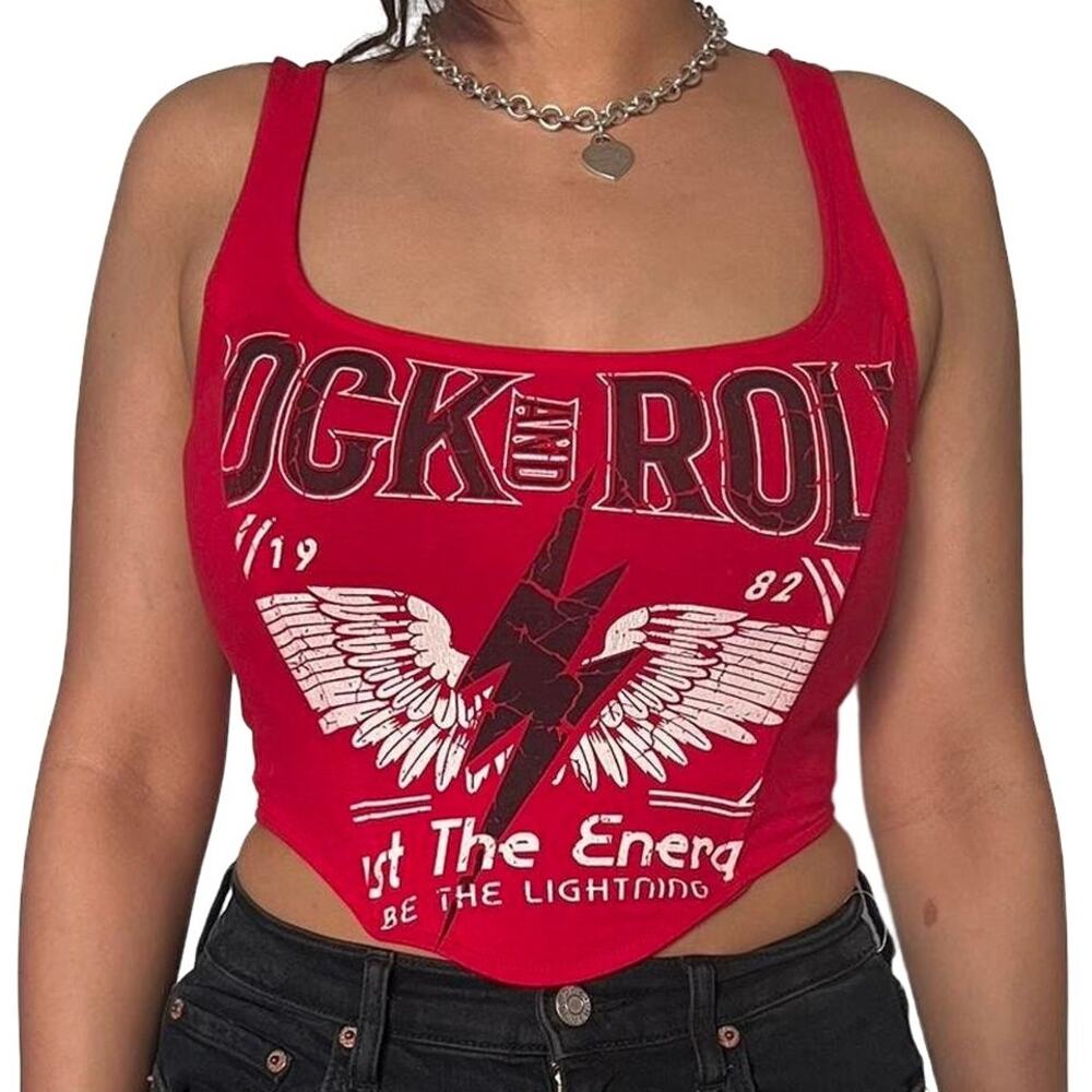 Windsor S/M Red Rock And Roll Corset Square Neck Crop Tank Top